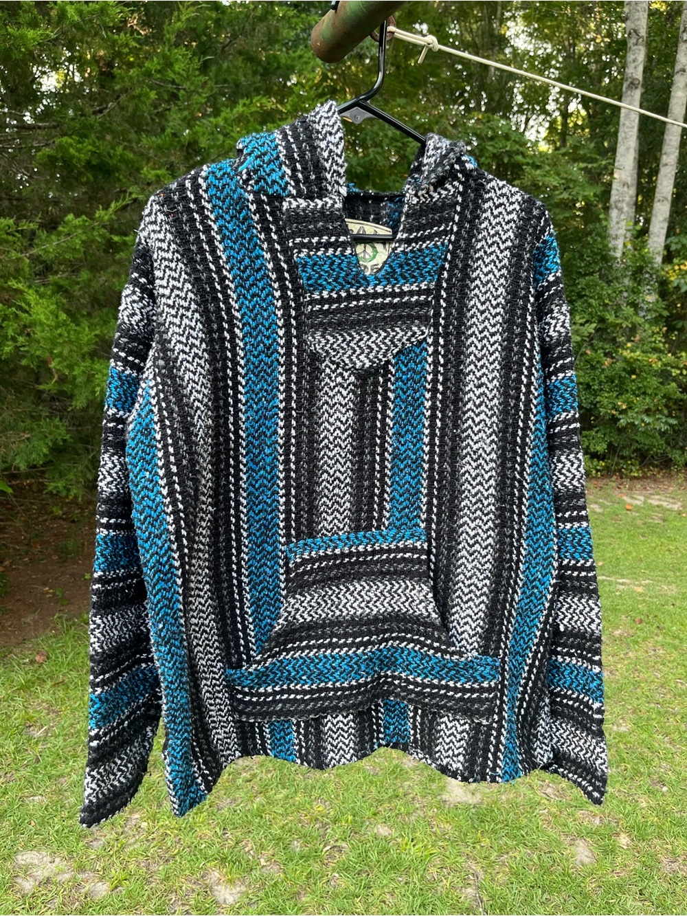 Men's Woven Hoodie - Teal Black White Stripe